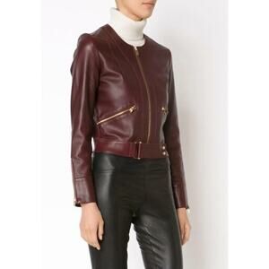 IRO SOFT LEATHER LAMBSKIN MOTO BURGUNDY JACKET 38